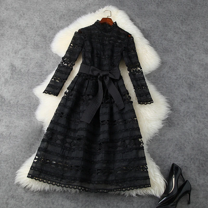 

STREET New HIGH Fashion Spring 2021 Runway Dress Women's Hollow Out Lace Guipure Belted Dress