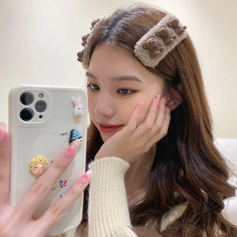 Корейские зимние новые меховые заколки с помпоном милые прямоугольные для волос