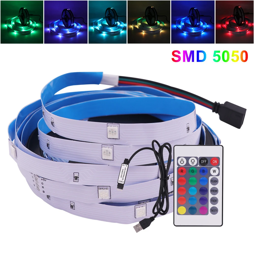 

DC5V USB LED Strip SMD5050 12Leds/m RGB Tape Light IP65 Waterproof Ribbon 5V LED Lights with 24Key IR Remote Control Backlight