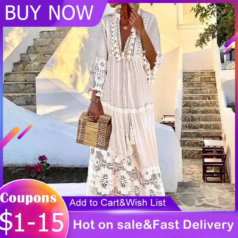 Женское богемное пляжное платье с v образным вырезом и кисточками розовое