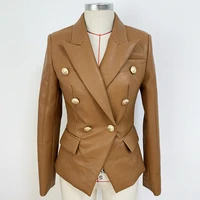 high quality newest 2021 designer blazer womens lion buttons double breasted synthetic leather jacket chocolate brown