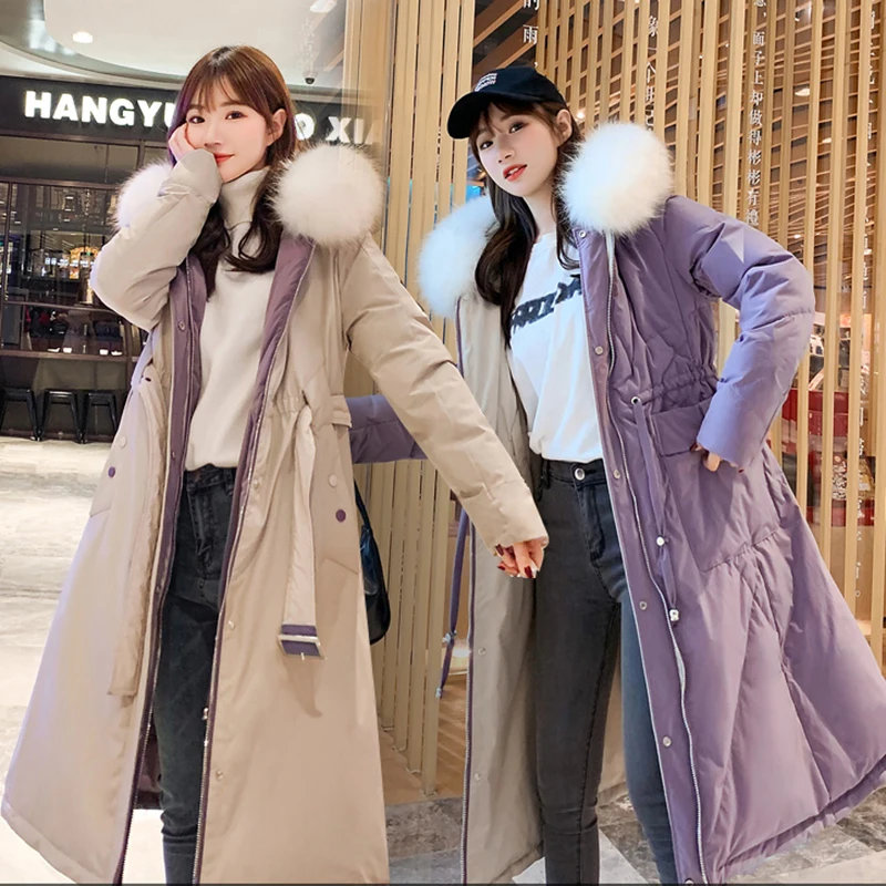 2022 Women Double Sided Down Down Cotton Jacket Winter Big Fur Collar Hooded Cotton Coat Womens Warm Long Parkas Snow Outwear