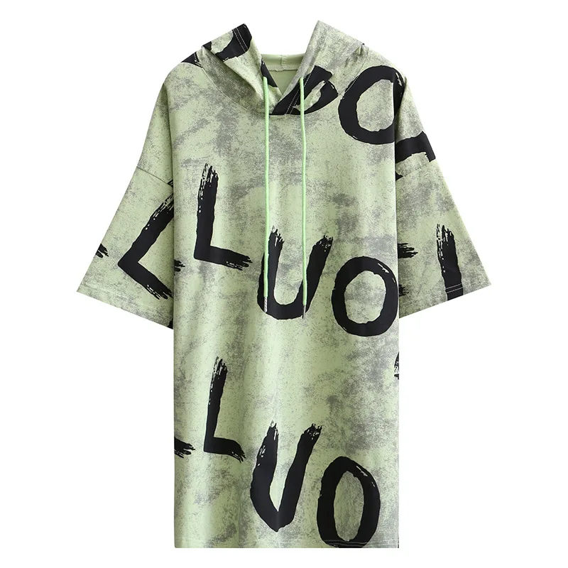 

Tie-dye Printed Letter T-shirt 2021Summer New Short-sleeved Hooded Cotton Casual Print Korean Style Sweet Avocado Green Long