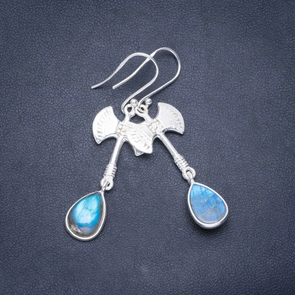 

Natural Blue Fire Labradorite Handmade Unique 925 Sterling Silver Earrings 2" A0976