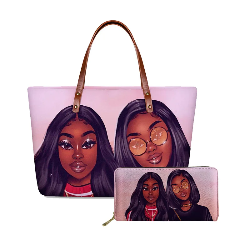 

HYCOOL New Women Bags 2020 Afro Sister Black Girls Printing Fashion Purses and Handbags Set Female Clutch Bag Wallets Hand Bags