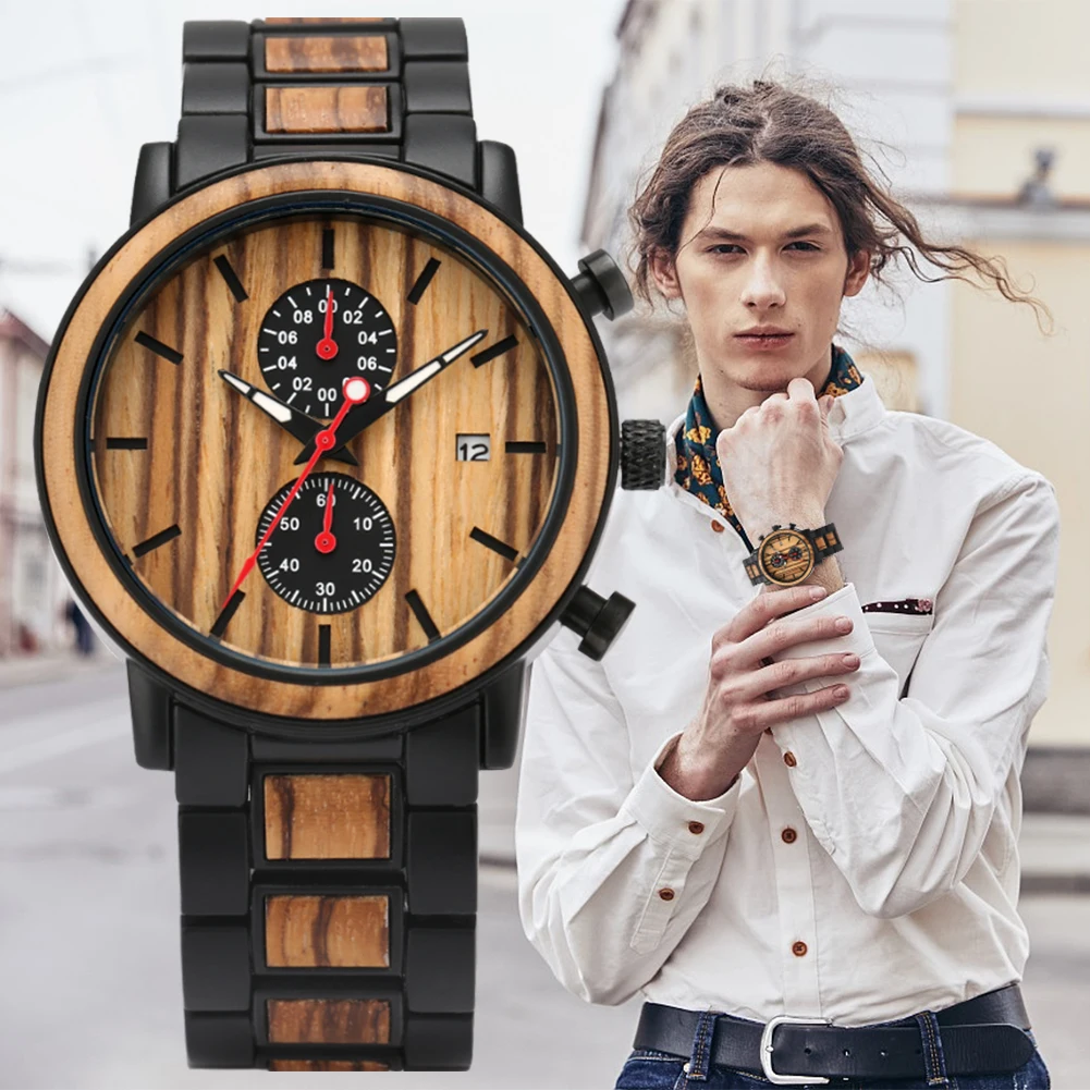 

2021 Wood Watches Men Luxury Chronograph Date Display Watch Wooden Stainless Steel Band Wristwatches Gifts Box Relogio Masculino