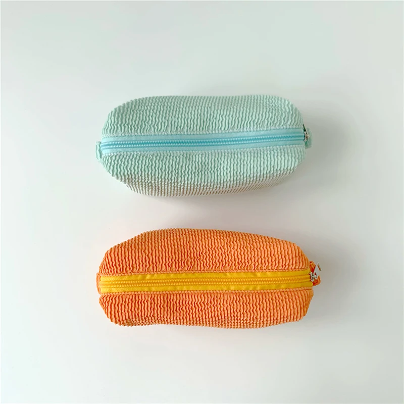 

Simple Portable Wave Pattern Pleated Cosmetic Bag Fresh Girly Style Solid Color Multifunctional Makeup Wash Storage Bag