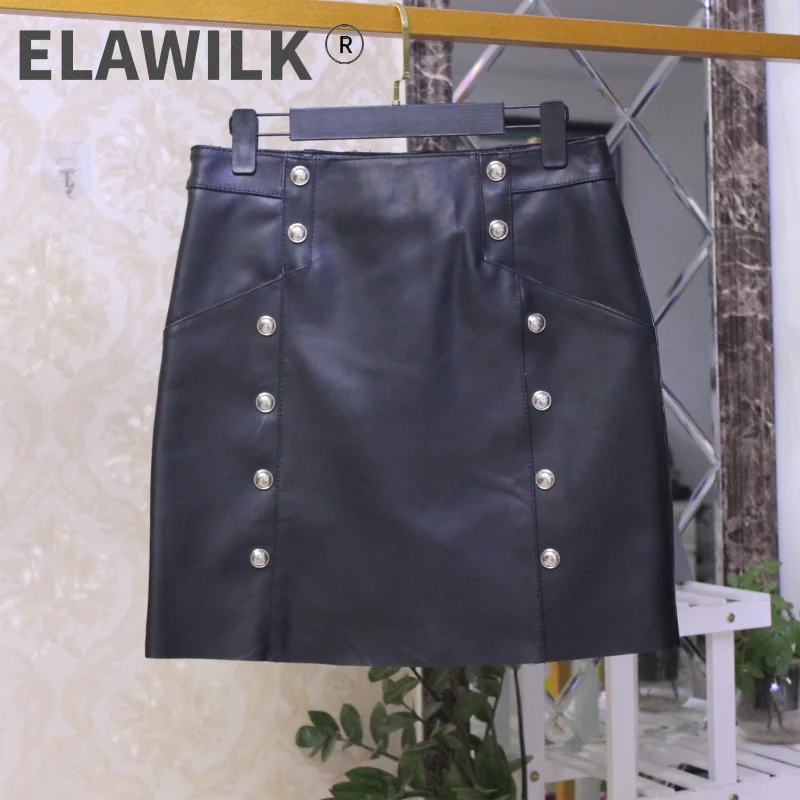 

New Arrival Fashion women's metal buttons genuine leather mini Skirts B536