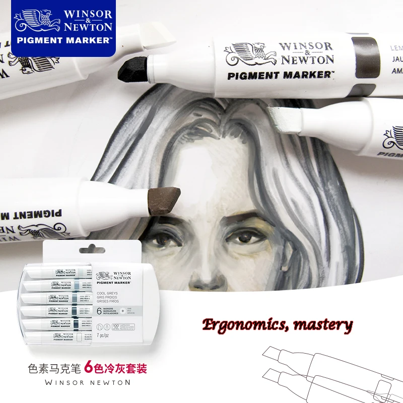 Winsor& Newton высококачественный пигментный Маркер 6 цветов Набор для профессионального графического художника одежды дизайн художника поставки