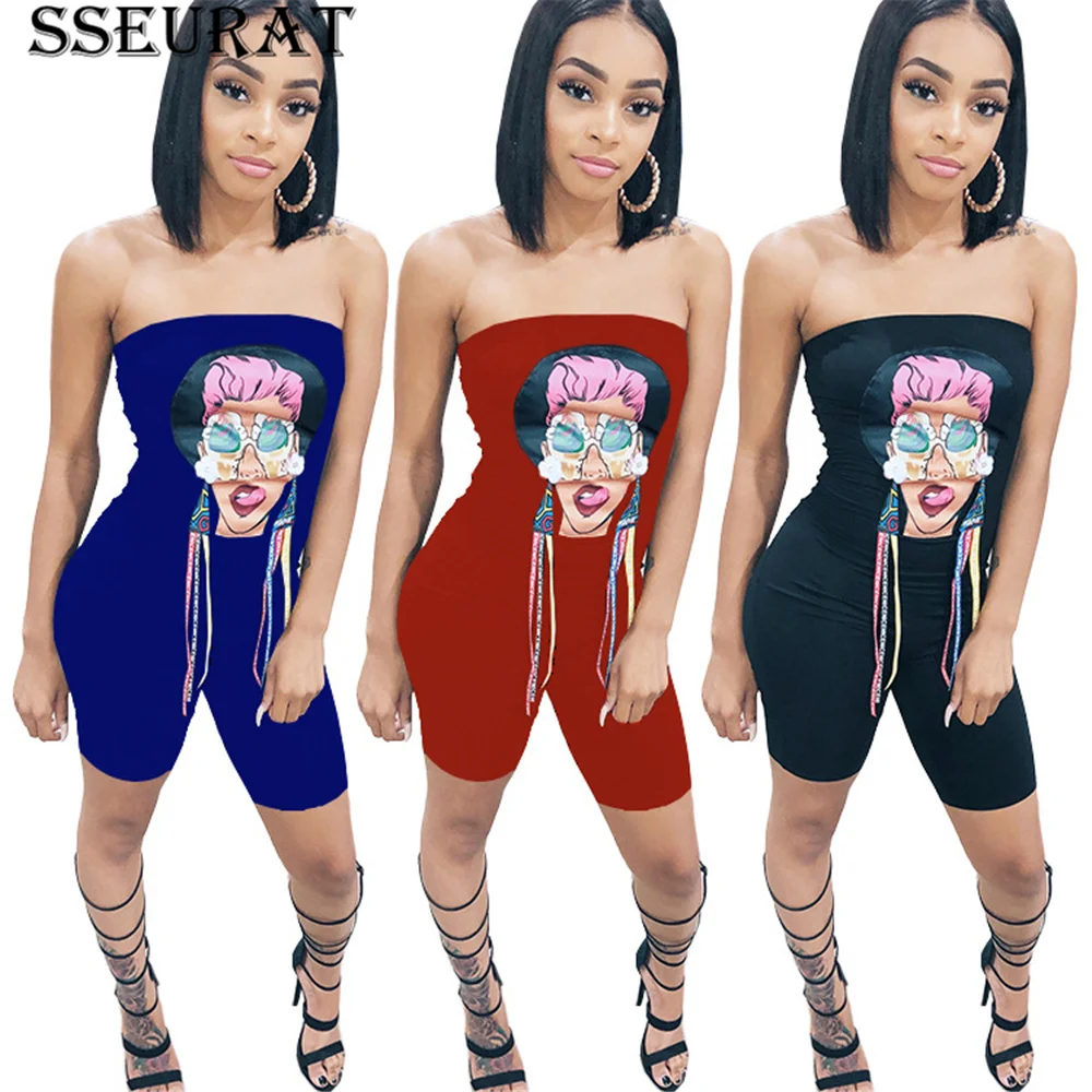 

SSEURAT New Summer Women Strapless Print Bodycon Above Knee Jumpsuit Sexy Club Romper
