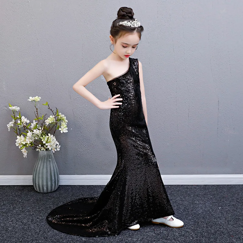 sequin mermaid dress age for teenage girls one-shoulder  vintage noble graduation gowns evening party kids frocks L0227