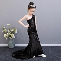 sequin mermaid dress age for teenage girls one shoulder vintage noble graduation gowns evening party kids frocks l0227