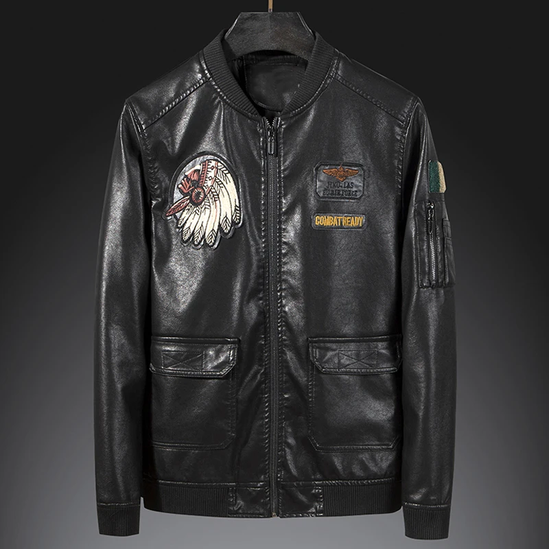 Embroidered Indian Avatar Men's Leather Jacket Coats Automotive Designer Plus Size 4XL Mens Baseball PU Overcoats A492 | Мужская