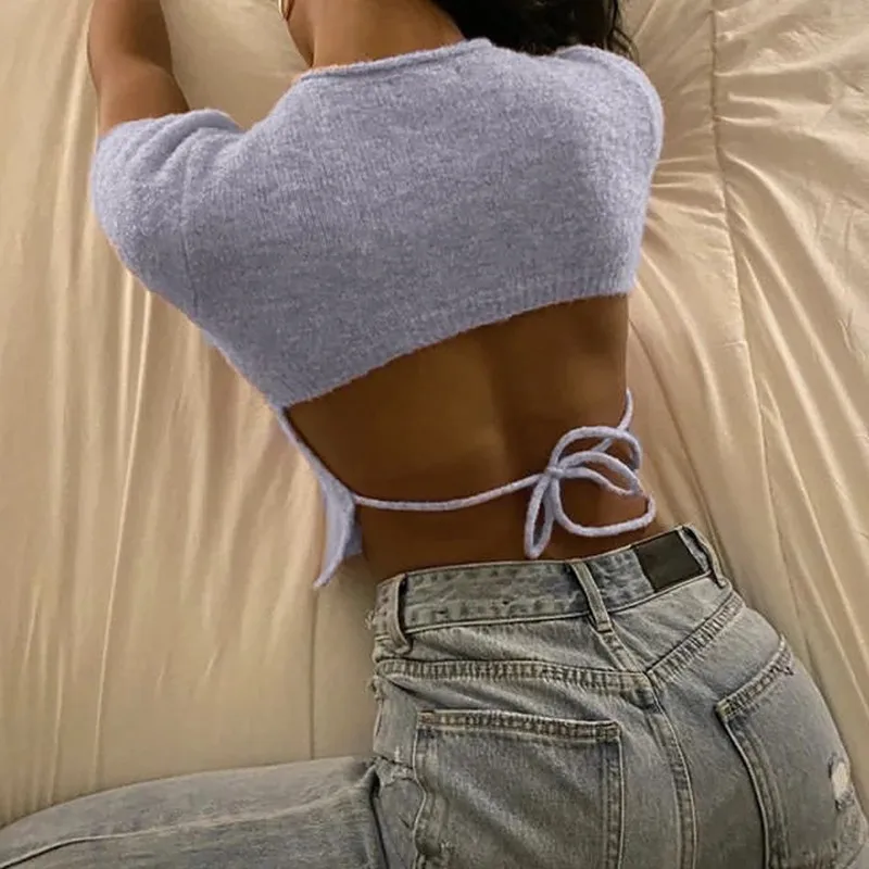 

New Arrival Women Backless T Shirt Short Sleeve Crop Top Knitting Lace Clothing INS Fashion Cute Tees Blouses Haut Femme