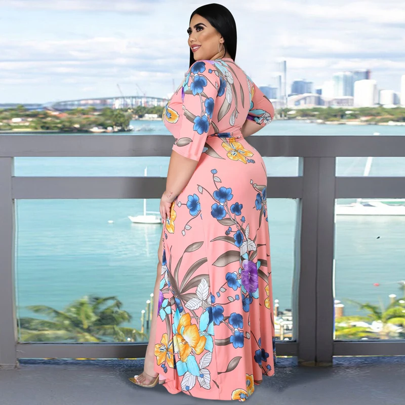 

Women Plus Size Dress Summer Print Half Sleeve V-neck Split Loose Maxi Bohemian Beach Dresses Bandage Sashes Sexy Streetwear New
