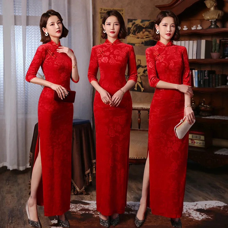 

Cheongsam Qipao Chinese Tradtitional Dress Vintage Red Velvet Elegant Tang Suits Wedding Dresses Oriental Beauty Plus Size Gown