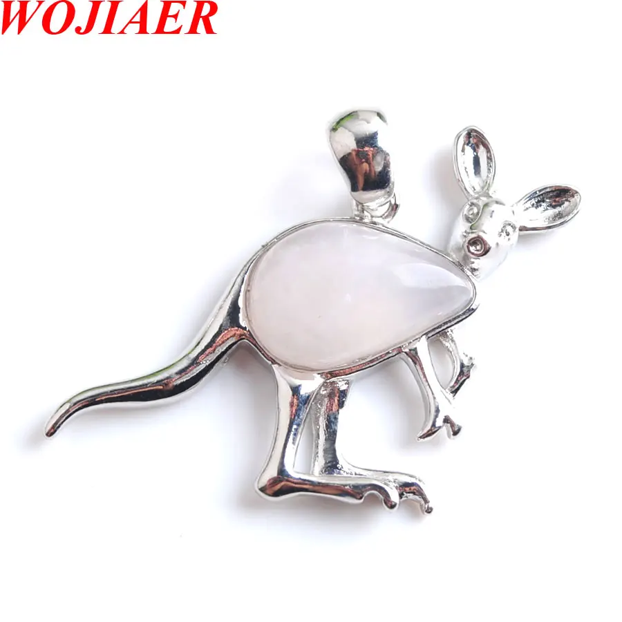 

WOJIAER Smart Animal Kangaroo Pendant & Necklaces Water Drop bead Natural Rose Quartz Stone for Women Jewelry N8036