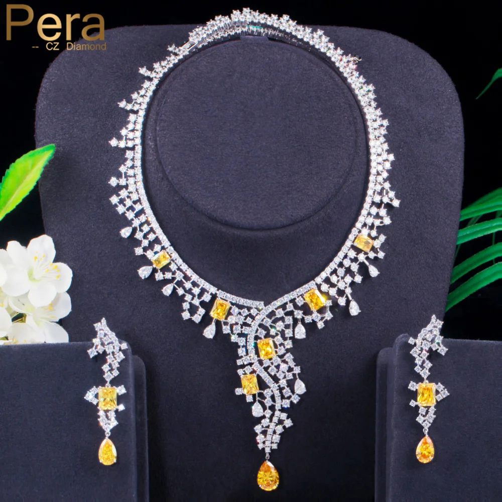 

Pera Gorgeous Yellow White Cubic Zirconia Long Pendant Drop Necklace Earrings Luxury Bridal Wedding Jewelry Sets for Women J419