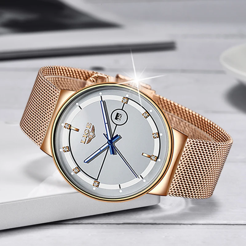 Часы наручные LIGE женские кварцевые модные золотистые водонепроницаемые тонкие с