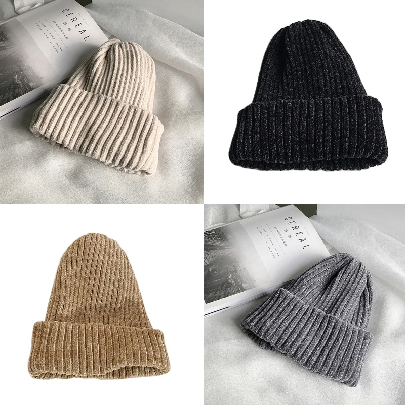 

Women Winter Double Layer Thicken Beanie Hat Chenille Velvet Ribbed Knitted Simple Solid Color Warm Cuffed Skull Cap
