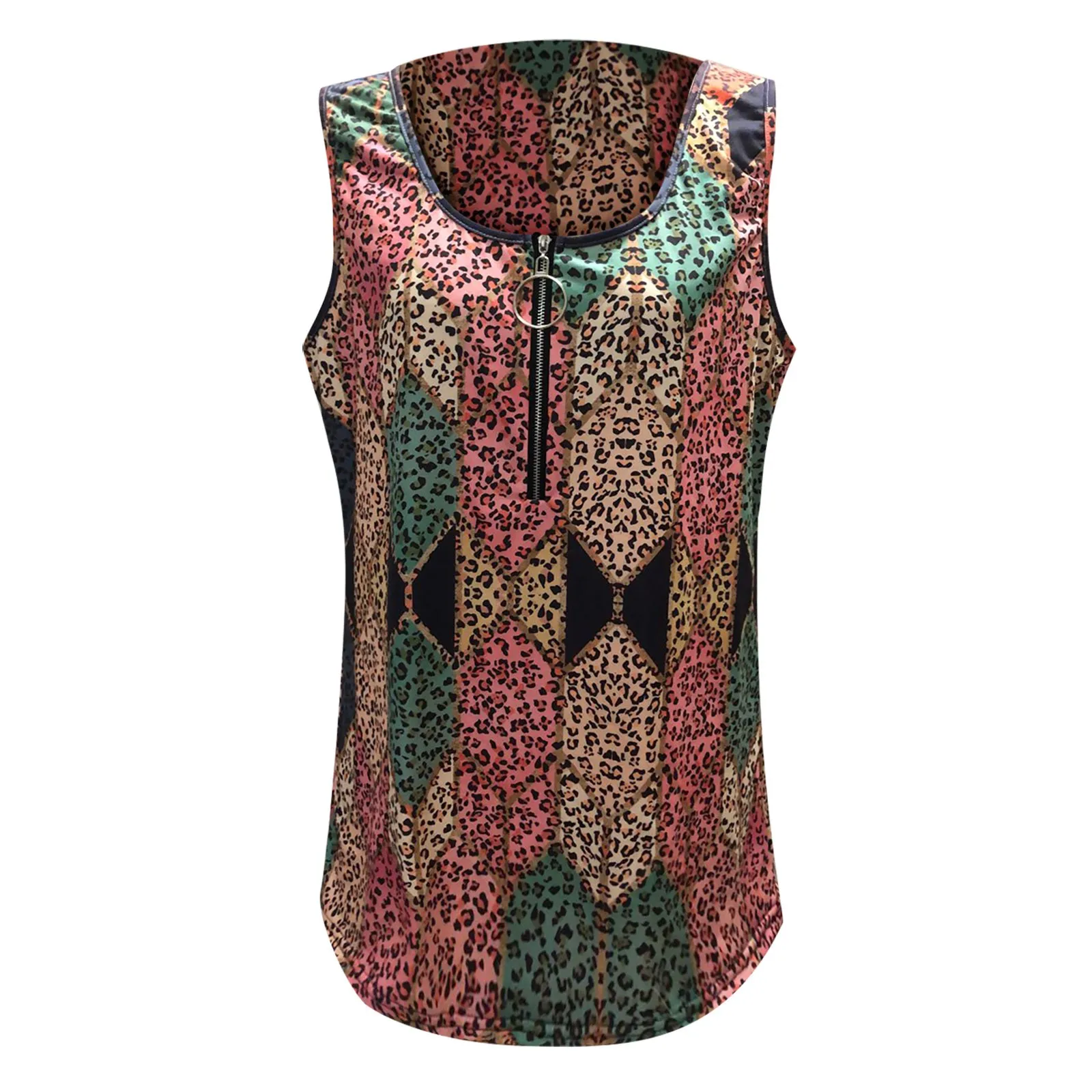 

Leopard print stitching Hollow out long sleeves Short sleeve vest zipper Three-color graphic irregular stitching fashion T-shirt