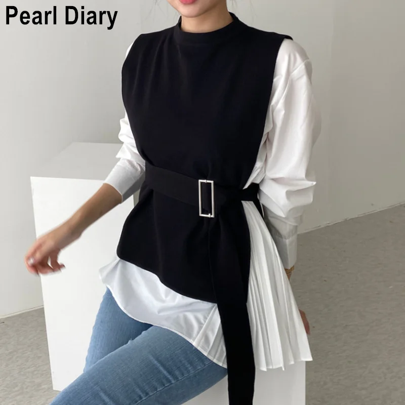 

Женский винтажный комплект из двух предметов, элегантная Асимметричная плиссированная рубашка с поясом и вязаный жилет в Корейском стиле, ...