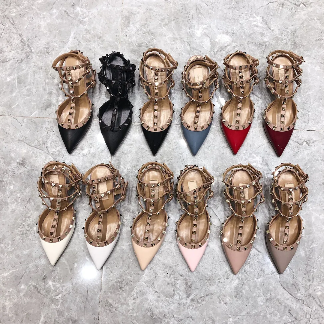

Luxury Brand V High Quality Sandals Strap Genuine Leather Sandals Bridesmaid Wedding Shoes 6cm Point Rivet High Heels Sandal