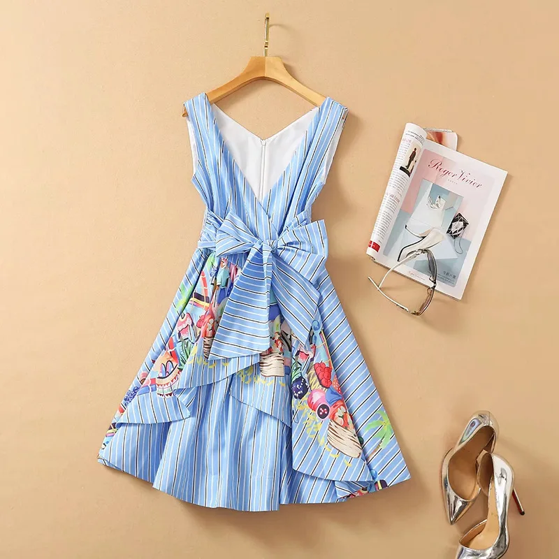 

2021 Spring Summer Dress Knee Length Sleeveless Empire V Neck Flora Print Fashion Dress Sequins