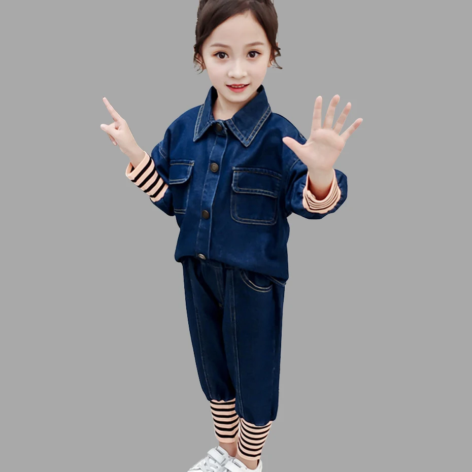 Детская одежда джинсовая куртка и джинсы наряды для девочек брюки-карандаш в