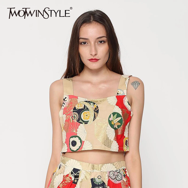 TWOTWINSTYLE кимоно жилет с принтом топы женские без рукавов сексуальные короткие