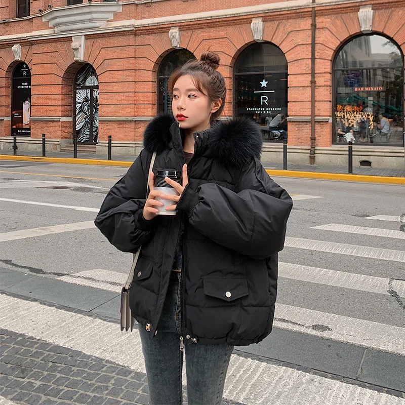 Winter Warm Hooded Parkas Women Loose Short Big Furry Collar Down Jacket Casual Commute Winter Clothing Solid Colors Overcoats