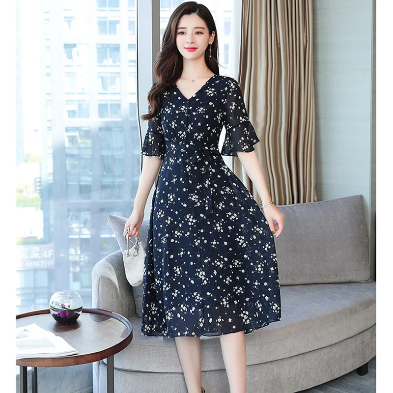 Шифоновое платье средней длины с цветочным принтом Летние Повседневные Вечерние