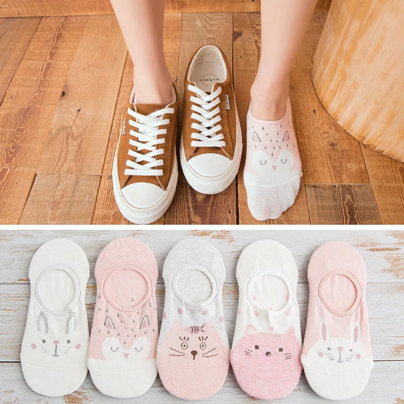 

10 pieces=5 pairs korea women socks Cute Cartoon Animal short socks Non slip silicone Invisible socks Girl Ankle sock Size 35-40