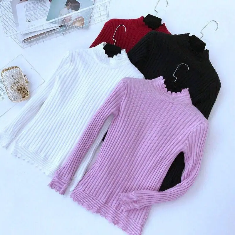 

2021 Fall Winter Ruffles Sweater Turtleneck Ruched Women Sweaters High Elastic Solid Female Slim Sexy Knitted Pullovers C10