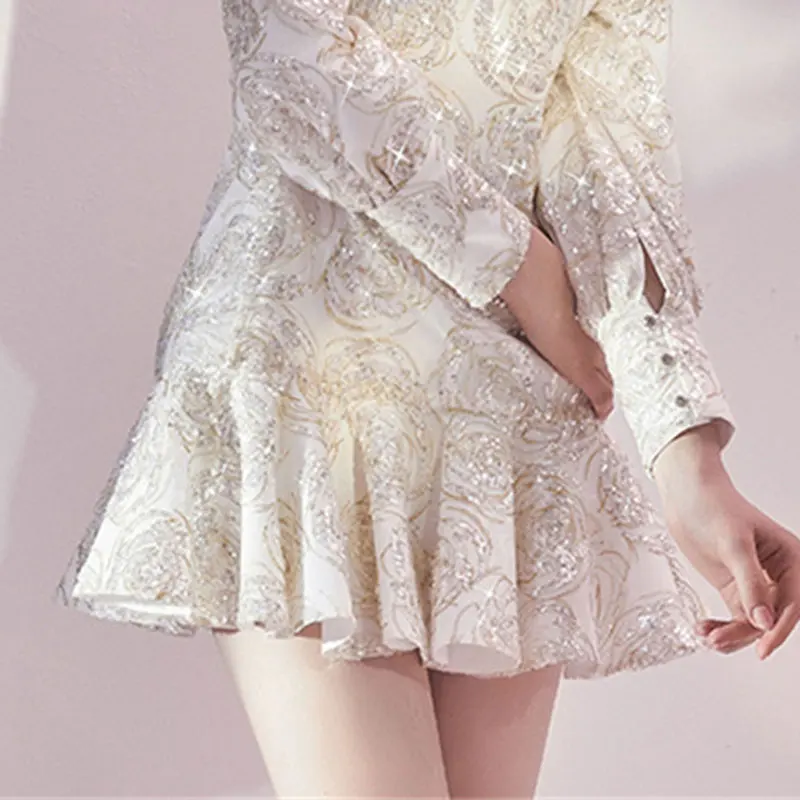 

XITAO Sequins Patchwork Short Dress Women Embroidery Ruffles Trendy Fashion New Style V Neck Collar Long Sleeve Elegant ZY5349