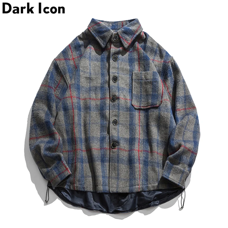 Мужская шерстяная клетчатая куртка с отложным воротником темного икона 2019