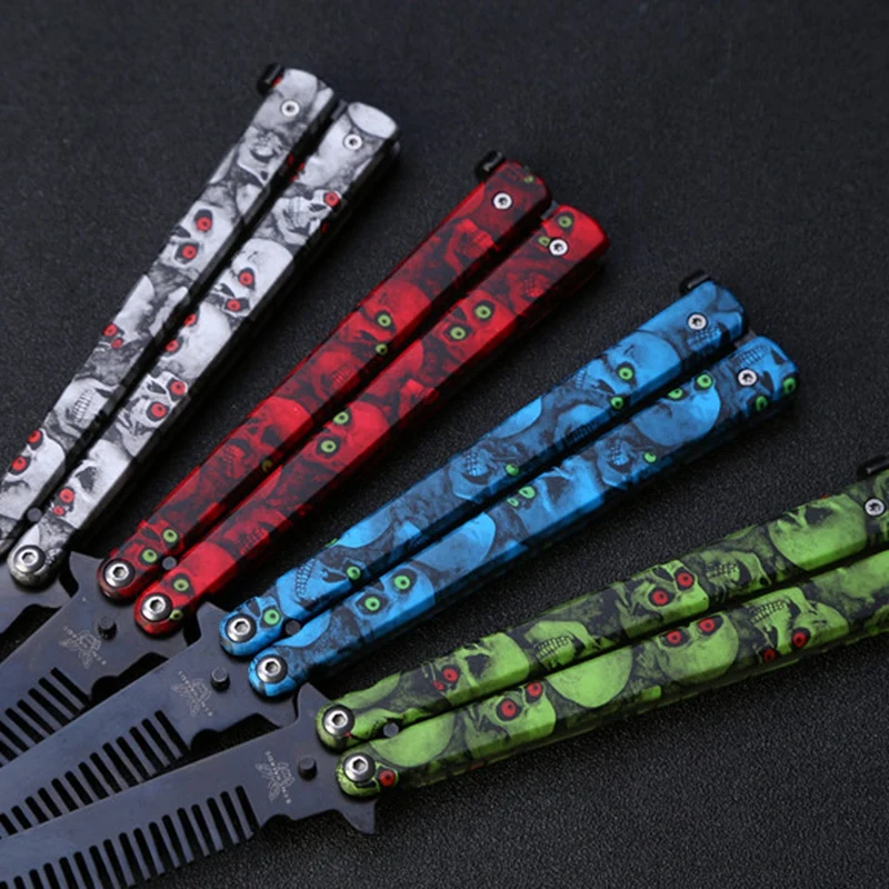 

2pcs Stainless Steel Butterfly Training Combs Vintage Skeleton Folding Knife Practice Hair Brushes - Red & Blue