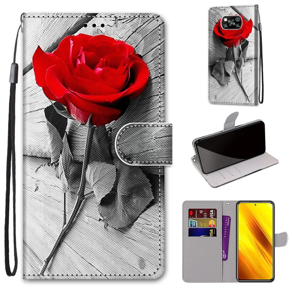 leather flip phone case for xiaomi poco x3 nfc pro m3 f3 flower cute cat painted wallet card holder stand book cover butterfly free global shipping