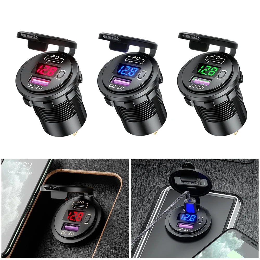

12-24V Type C PD QC3.0 USB Car Charger Fast Charging Socket Power Outlet With Voltmeter ON OFF Switch for Auto Truck Motorcycles