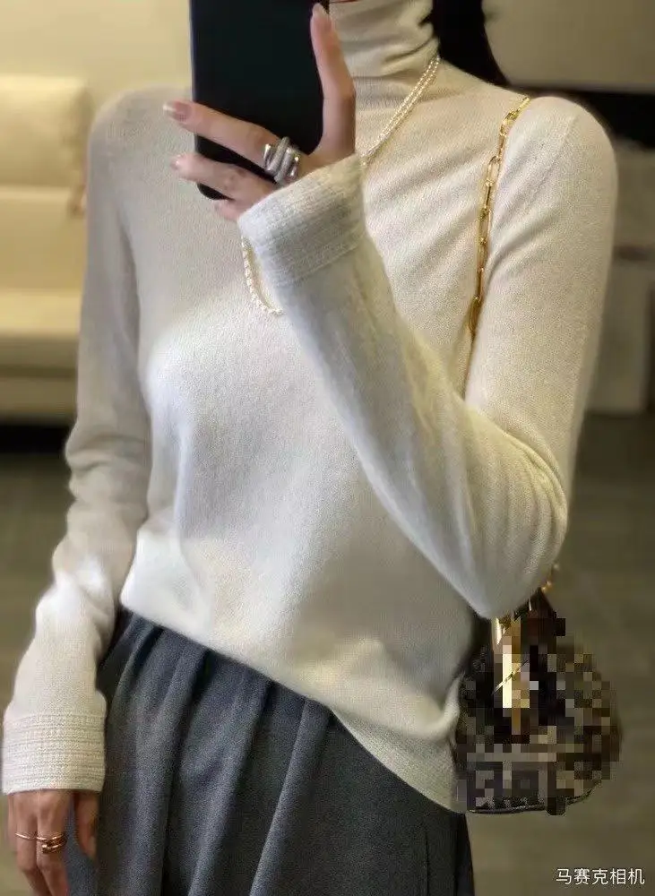 Женский Универсальный однотонный свитер из 100% шерсти пуловер с высоким воротом