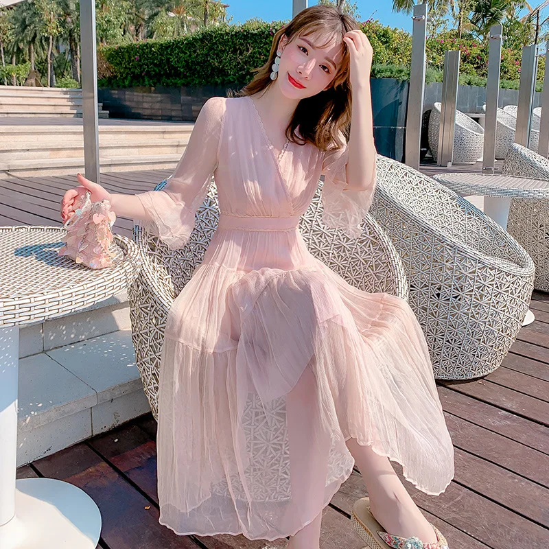 

Silk dress women's summer 2021 new pleated cake skirt high end Hangzhou silk beach skirt
