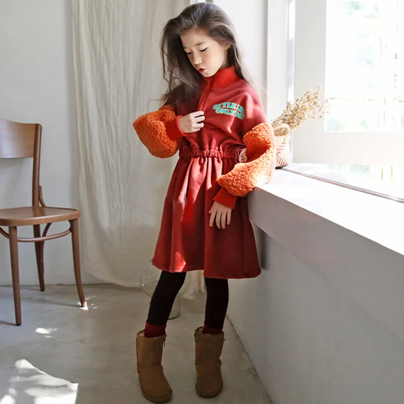 2019 Fashion Girls Autumn Winter Dress for 6 8 10 12 years Casual Long Sleeve Zipper Collar Warm Teenage Clothing |
