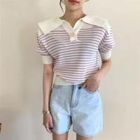 female fashion short sleeve slim turndown collar knitted sweaters womens summer striped tops vintage loose all match pullover