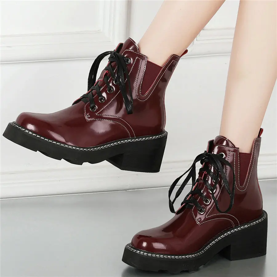 

High Top Riding Boots Women Genuine Leather Chunky High Heels Motorcycle Boots Female Lace Up Round Toe Platform Pumps Shoes