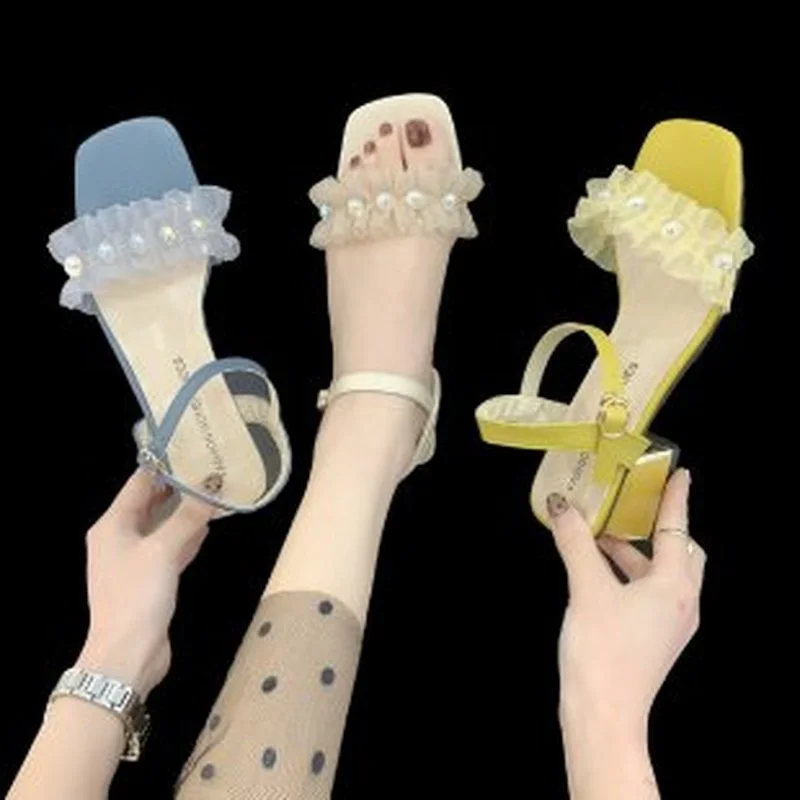 

2021 Square Crystal Heels Pearl Women Sandals Lace Ruffles String Bead High Heels Open Toe Summer New Fashion Women's Sandals