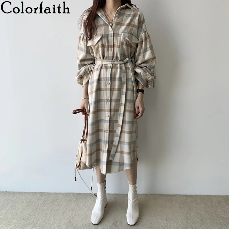 Colorfaith/Новинка 2021 года Осенне-зимнее женское платье с карманами в клетку