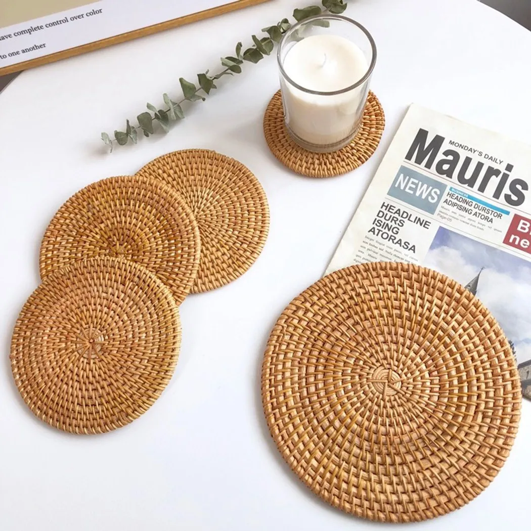 

8/10/16/18cm Round Natural Rattan Coaster Handcrafted Woven Corn Straw Dining Table Cup Mats Heat Insulation Anti Scald Placemat