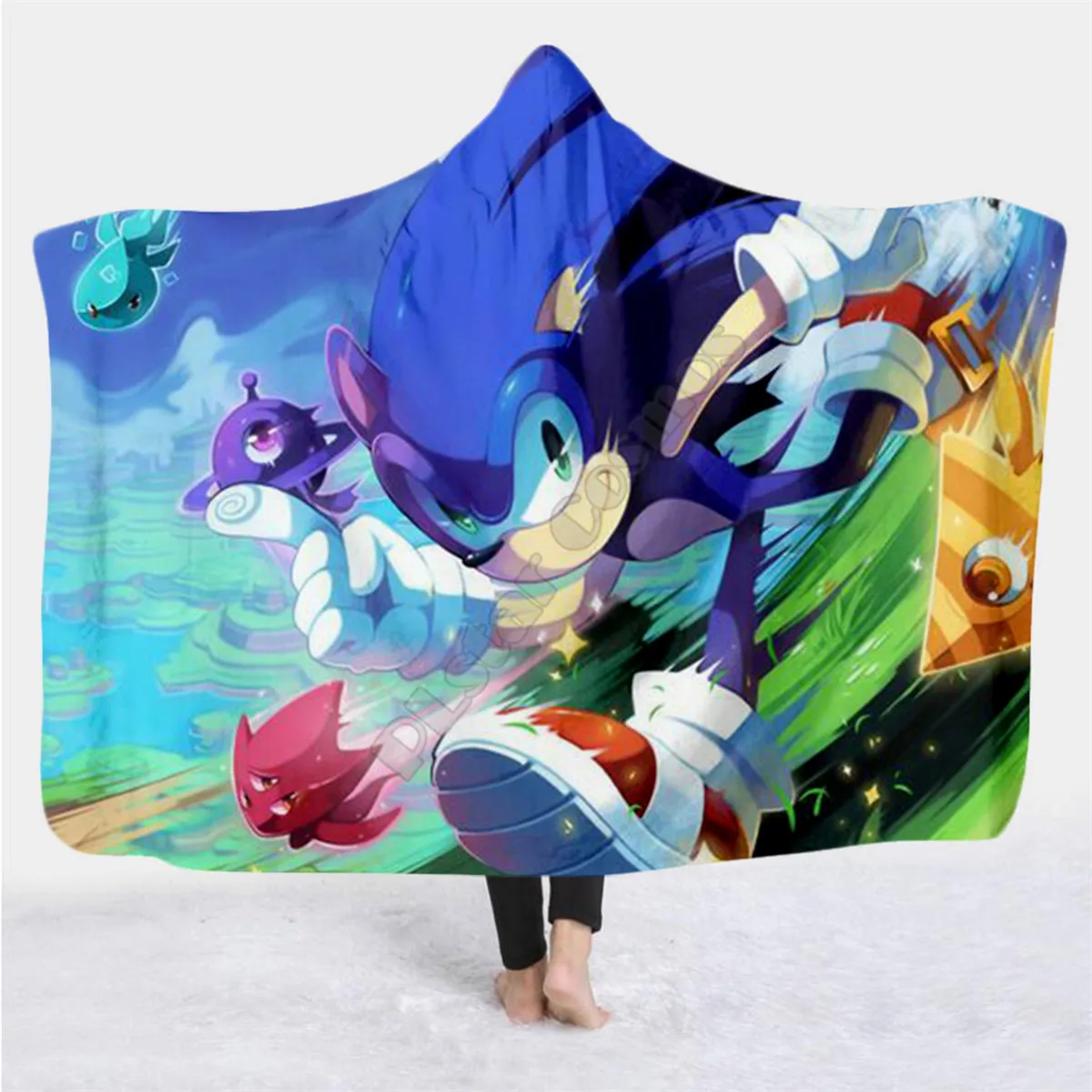 

Sonic Funny Cartoon Hooded Blanket Adult colorful child Sherpa Fleece Wearable Blanket Microfiber Bedding Drop Shipping