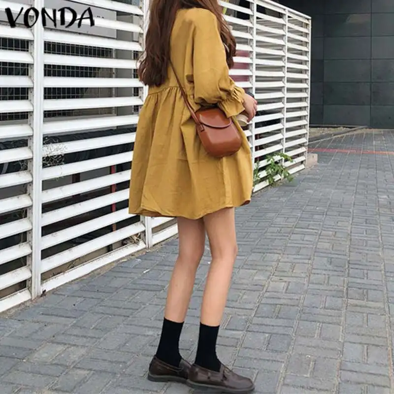 Женское мини-платье VONDA с круглым вырезом и длинным Расклешенным рукавом