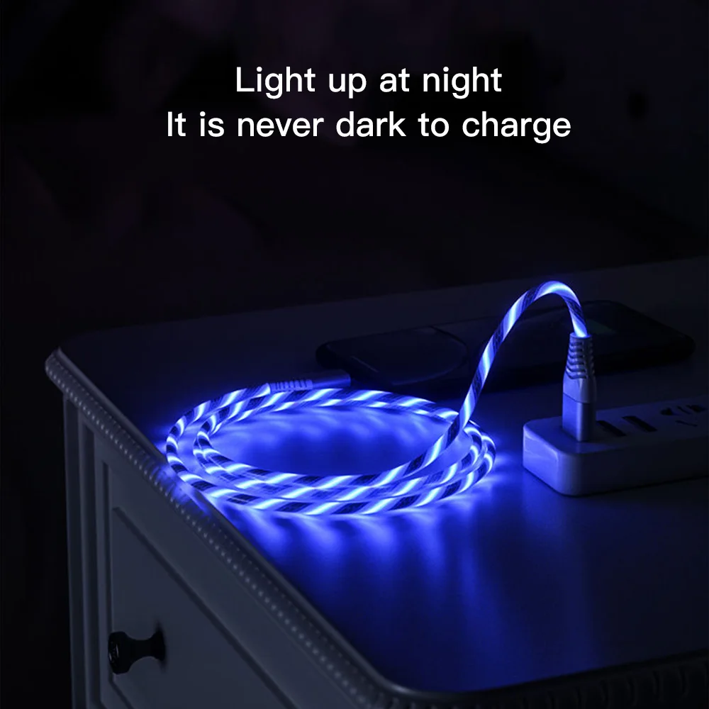

3 in 1 Charging Cable Flowing Light up Data Cord Fast Charging Line with Micro USB & Type-C Connector for iPhone for Huawei